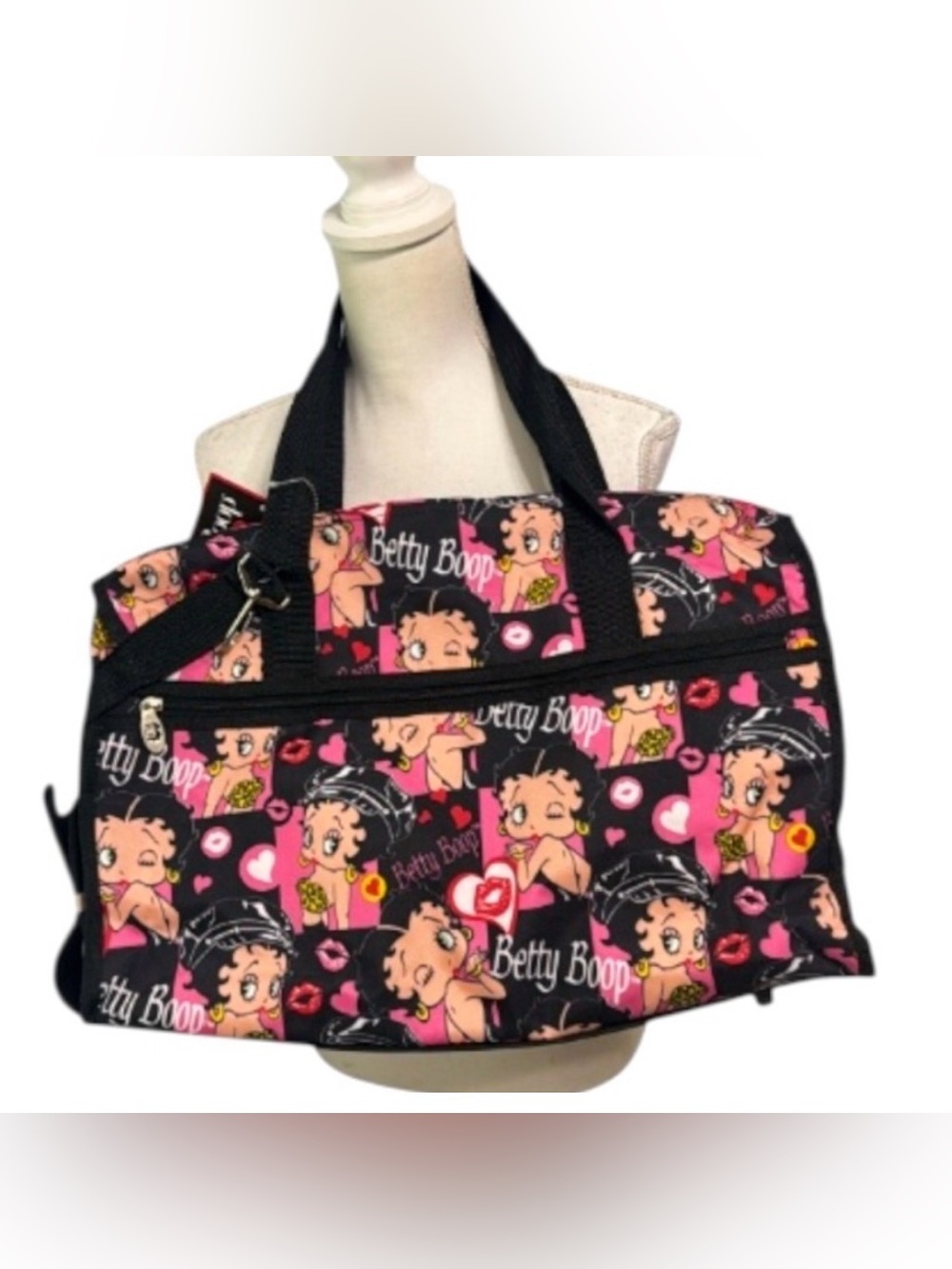 Betty Boop Bag Black Pink Biker Babe Shoulderbag duffle weekend bottom feet NWT